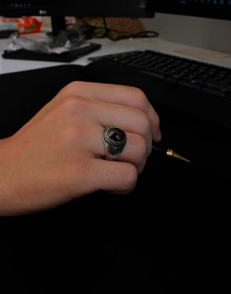 Safir Oniks Taşlı Gümüş Erkek Yüzüğü 22 - KIRMIZI