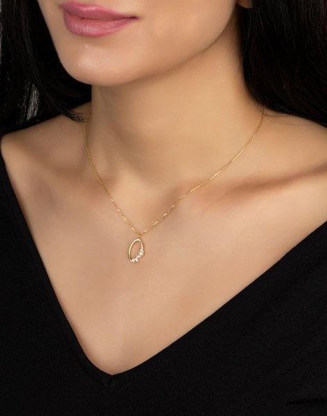 Serpme Baget Taşlı Altın Oval Kolye