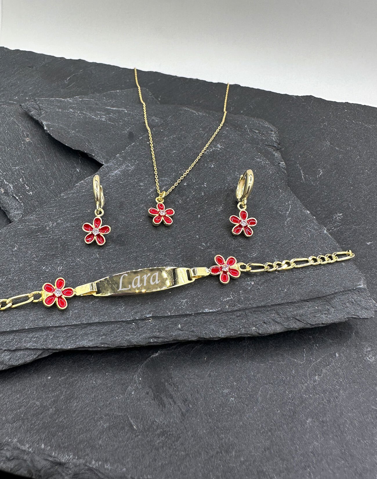 925 Ayar Monalya Çiçeği Gümüş Çocuk Takı Kombini KIRMIZI