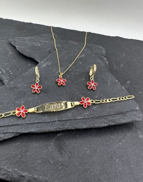 925 Ayar Monalya Çiçeği Gümüş Çocuk Takı Kombini KIRMIZI