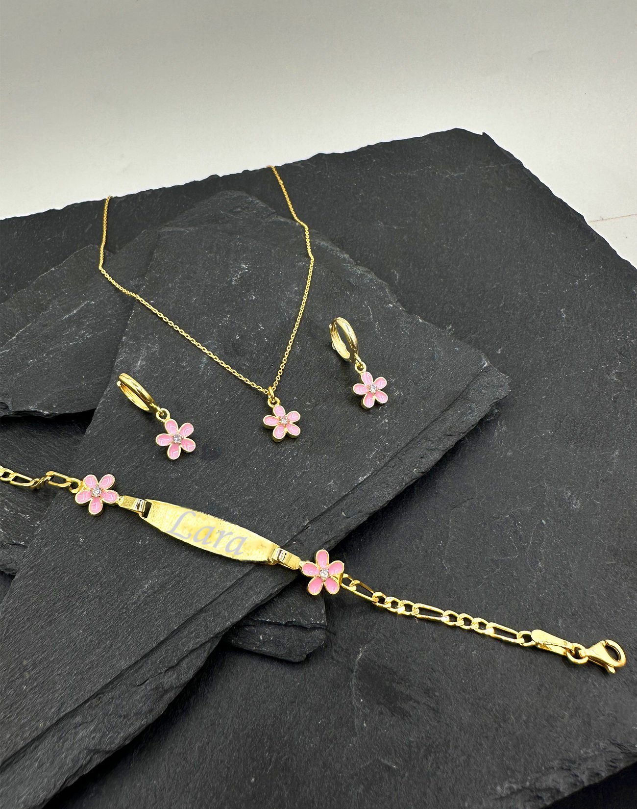 925 Ayar Monalya Çiçeği Gümüş Çocuk Takı Kombini PEMBE