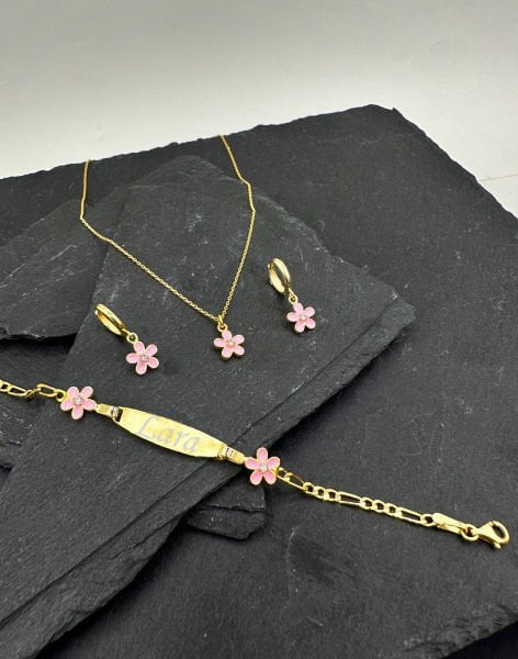 925 Ayar Monalya Çiçeği Gümüş Çocuk Takı Kombini PEMBE