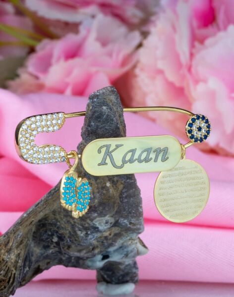 Kişiye Özel Nazar Boncuklu İsimli Ve Ayaklı Gümüş Bebek İğnesi