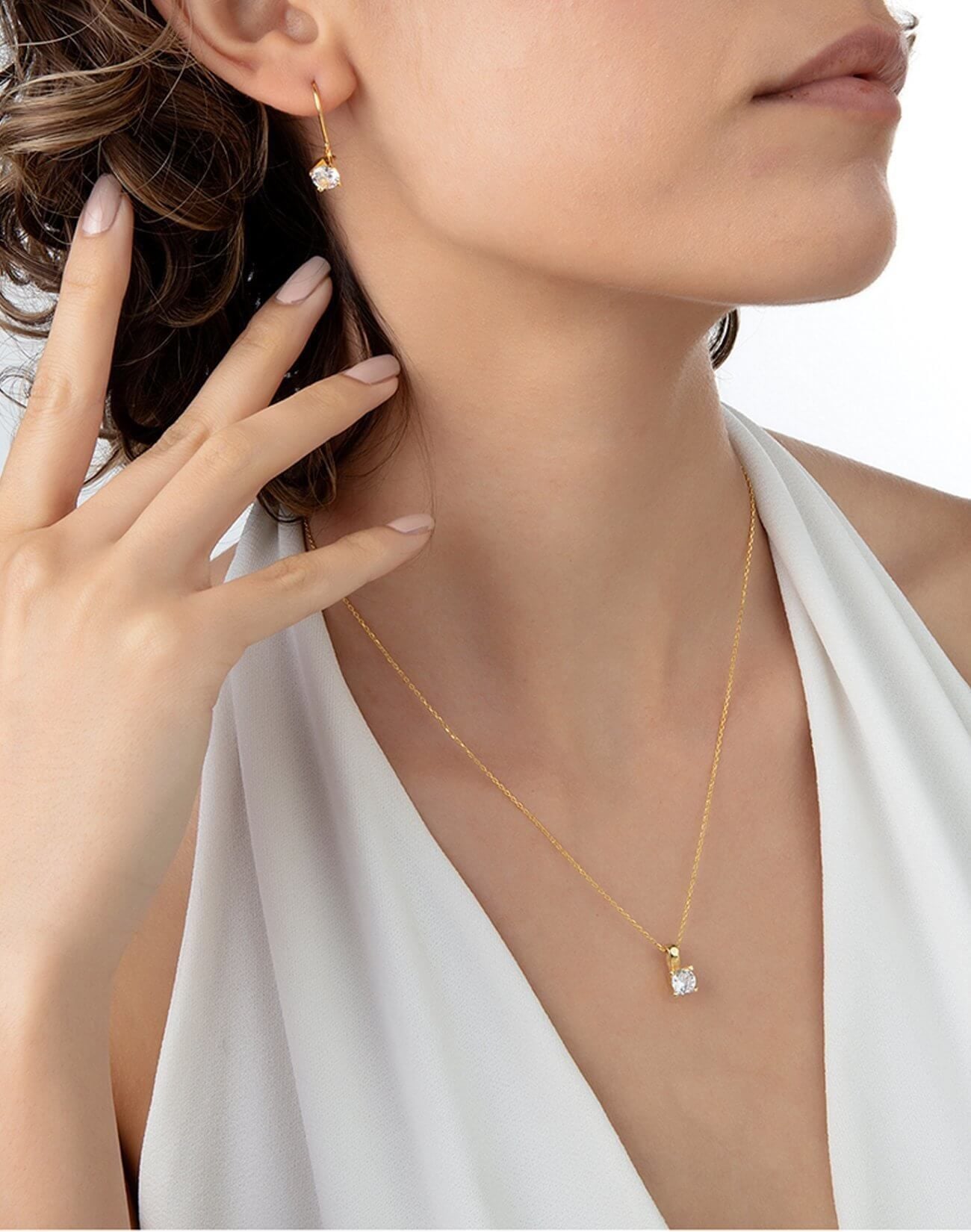 Pırlanta Montürü V Kasa Tek Taş Kolye Küpe Gümüş Set