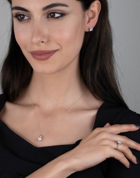 Pırlanta Montürü V Kasa Tek Taş Rodyum kaplama Gümüş Takı Seti