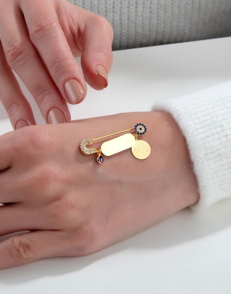 Kişiye Özel Gümüş Nazarlı Cam Gözlü Bebek İğnesi