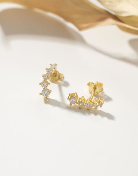 Zarif Zirkon Taşlı Çivili Gümüş Küpe 14 Ayar Altın Kaplama