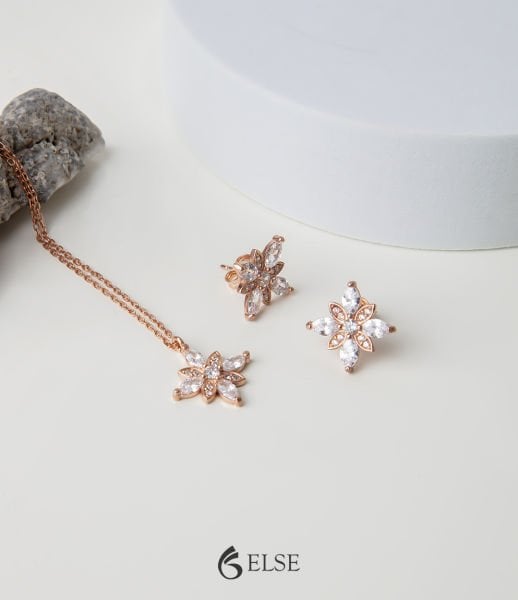 Pembe Markiz Taşlı Gümüş Umut Çiçeği Kolye ve Küpe Kombin BEYAZ