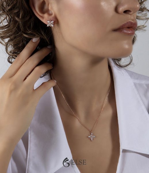 Pembe Markiz Taşlı Gümüş Umut Çiçeği Kolye ve Küpe Kombin BEYAZ