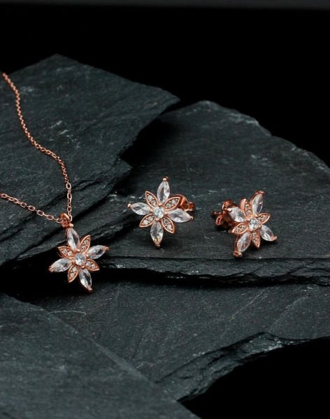 Pembe Markiz Taşlı Gümüş Umut Çiçeği Kolye ve Küpe Kombin BEYAZ