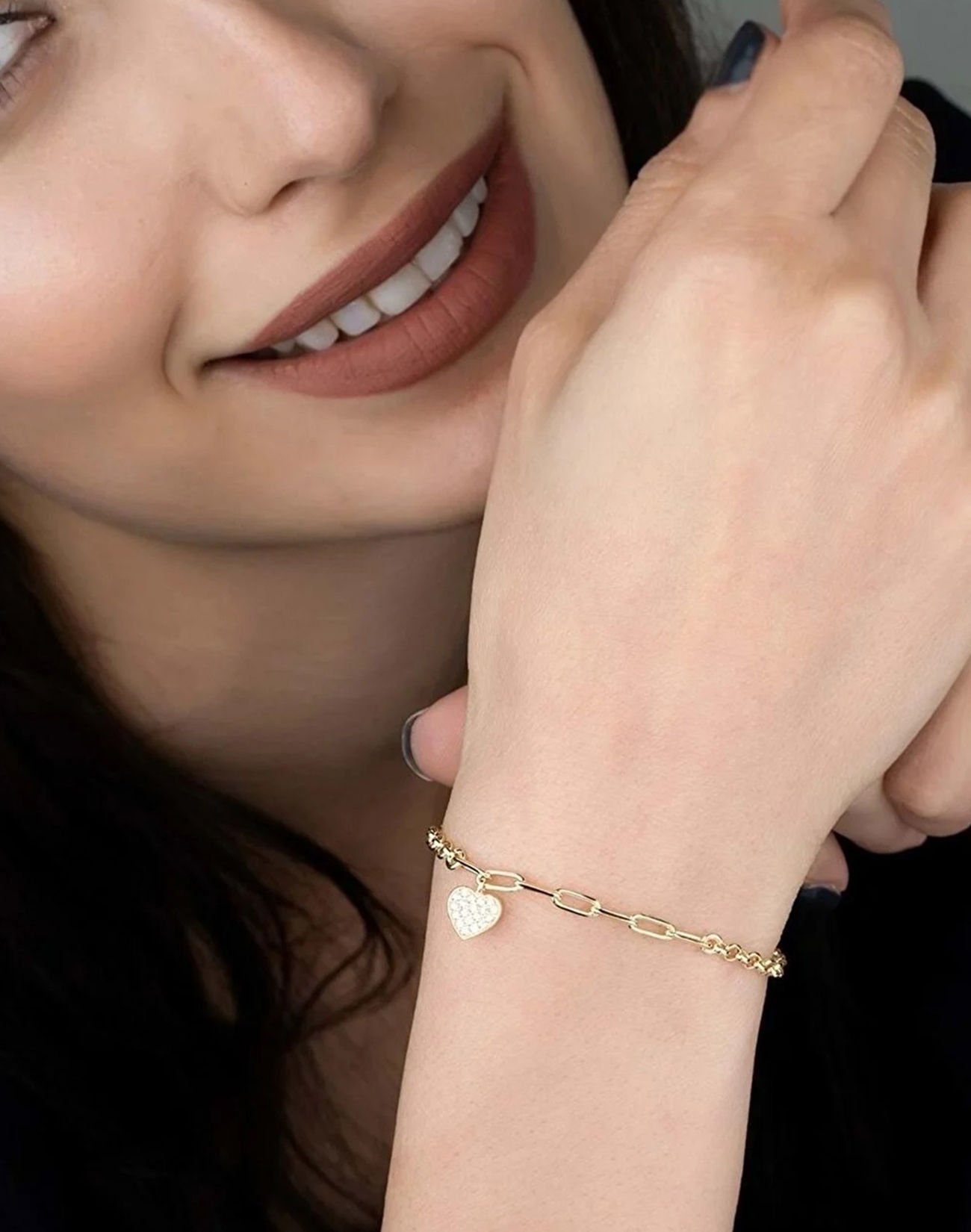 Kalp Sallantılı Gümüş Bileklik 14 Ayar Altın Kaplama