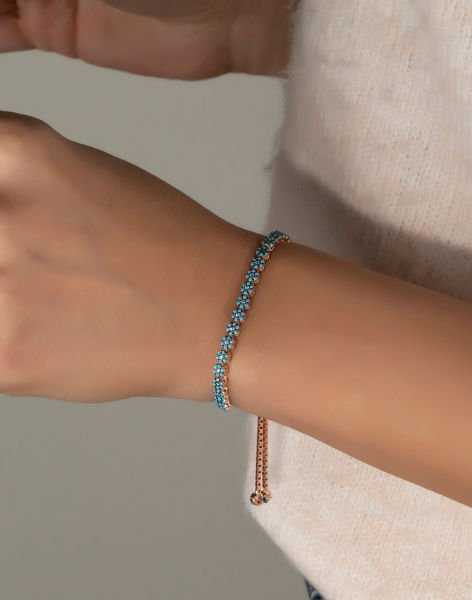 925 Ayar Gümüş Pırlanta Tasarımı Asansörlü Bileklik TURKUAZ