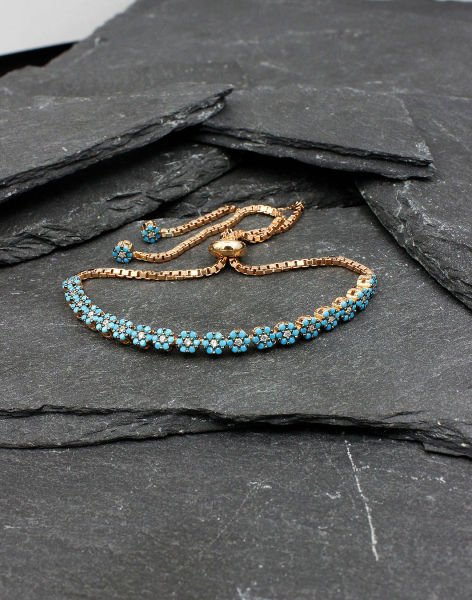 925 Ayar Gümüş Pırlanta Tasarımı Asansörlü Bileklik TURKUAZ