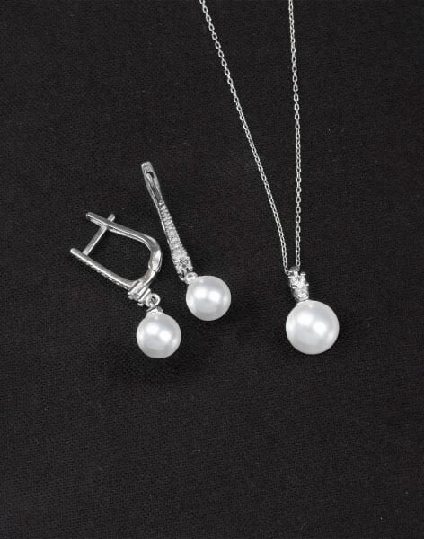 925 Ayar Gümüş Zirkon Taşlı Zarif Küre İnci Set