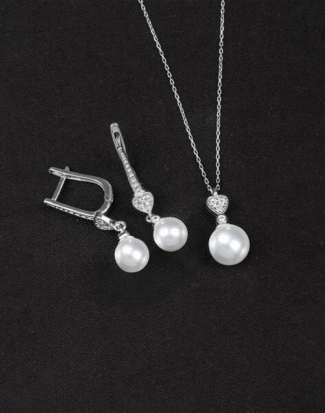 925 Ayar Gümüş Zirkon Taşlı Kalpli Küre İnci Set