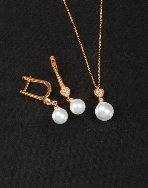 925 Ayar Gümüş Zirkon Taşlı Kalpli Küre İnci Set