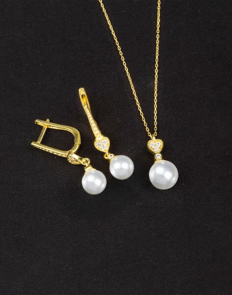 925 Ayar Gümüş Zirkon Taşlı Kalpli Küre İnci Set