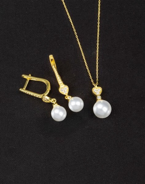 925 Ayar Gümüş Zirkon Taşlı Kalpli Küre İnci Set