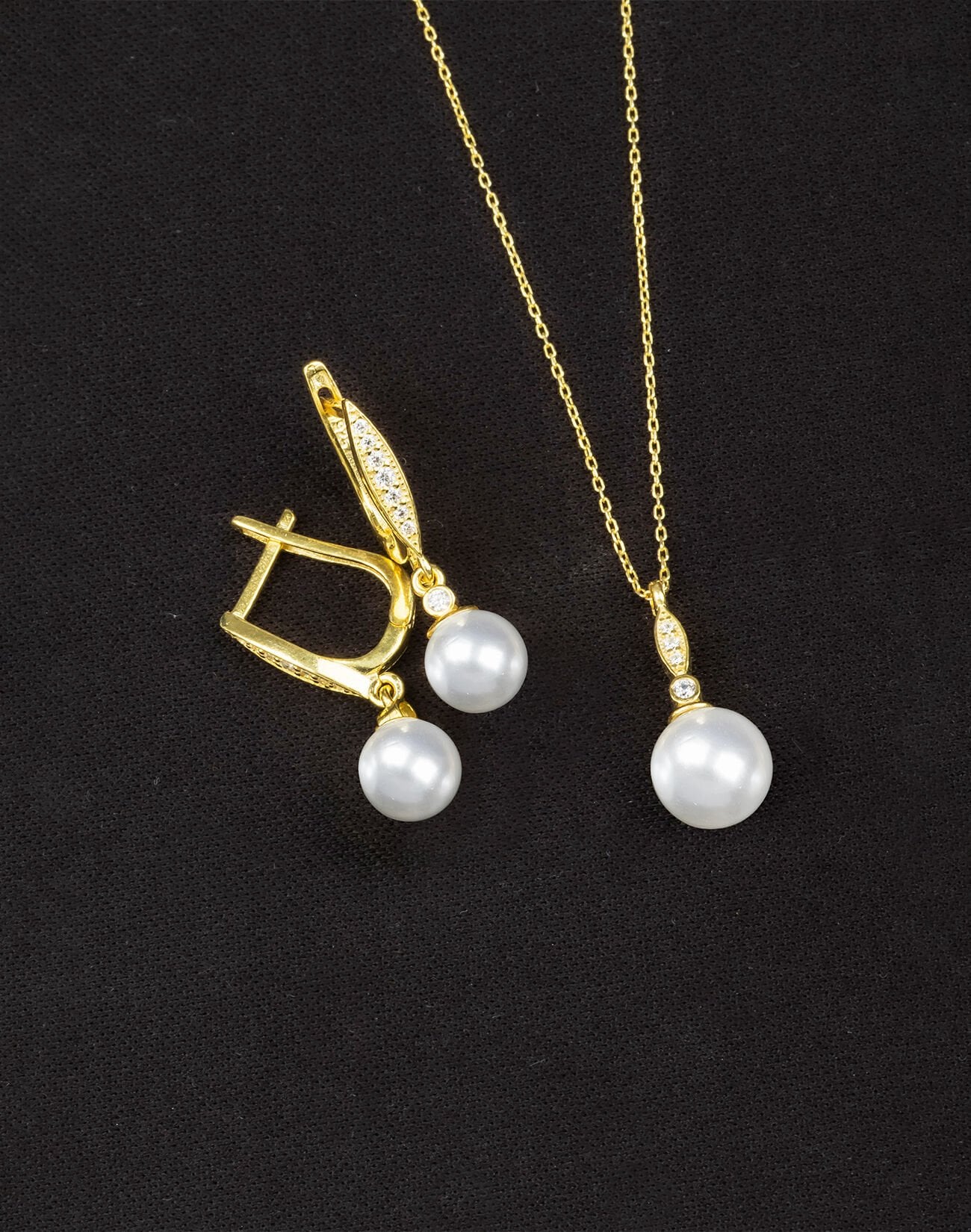 925 Ayar Gümüş Elegance Küre İnci Set 14 Ayar Altın Kaplama