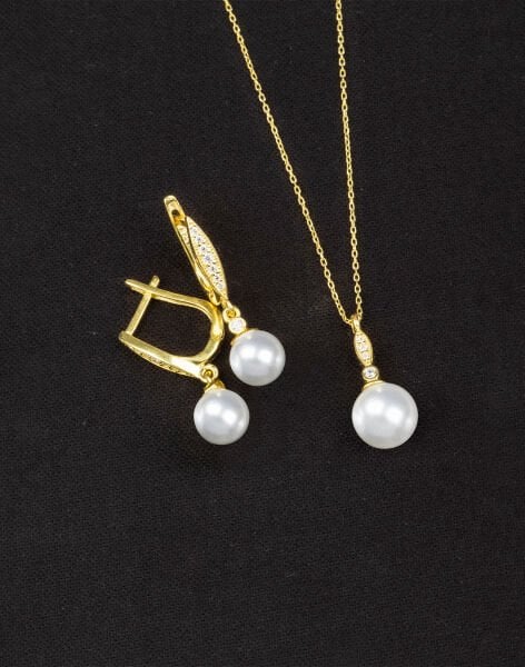 925 Ayar Gümüş Elegance Küre İnci Set 14 Ayar Altın Kaplama