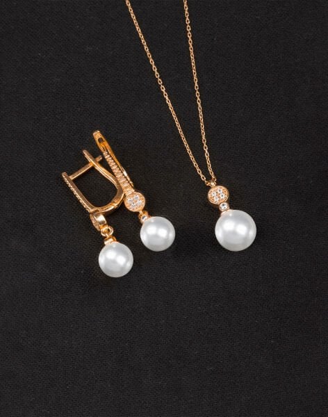 925 Ayar Gümüş Minimal Taşlı Küre İnci Set Rose Kaplama