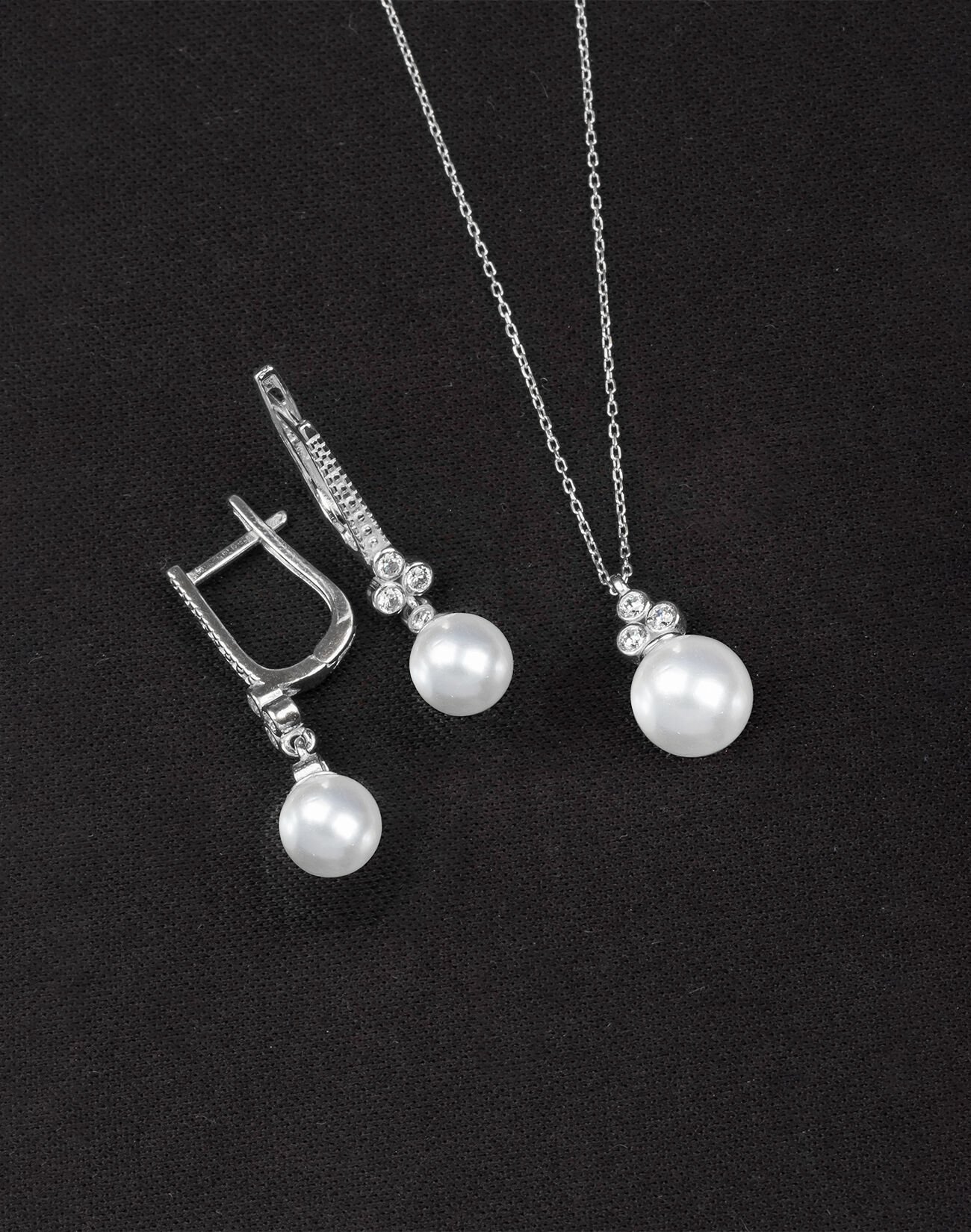 925 Ayar Gümüş Zirkon Taşlı Tria Küre İnci Set