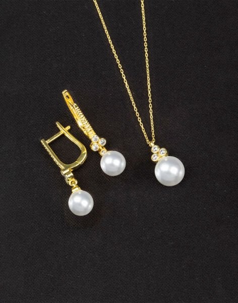 925 Ayar Gümüş Zirkon Taşlı Tria Küre İnci Set