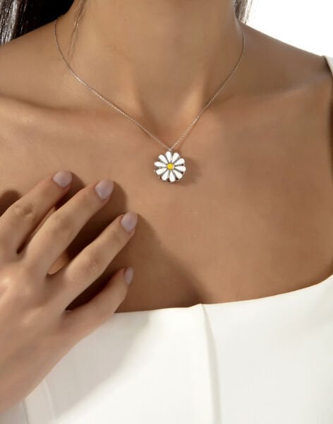 925 Ayar Gümüş Dönence Mineli Papatya Kolye Rodyum Kaplama