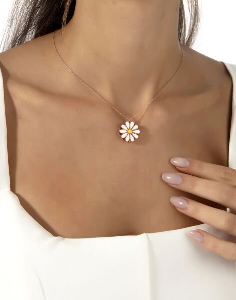 925 Ayar Gümüş Dönence Mineli Papatya Kolye Rose Kaplama