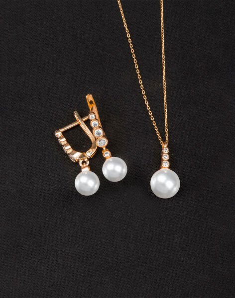 925 Ayar Gümüş Tria Modeli Küre İnci Set Rose Kaplama