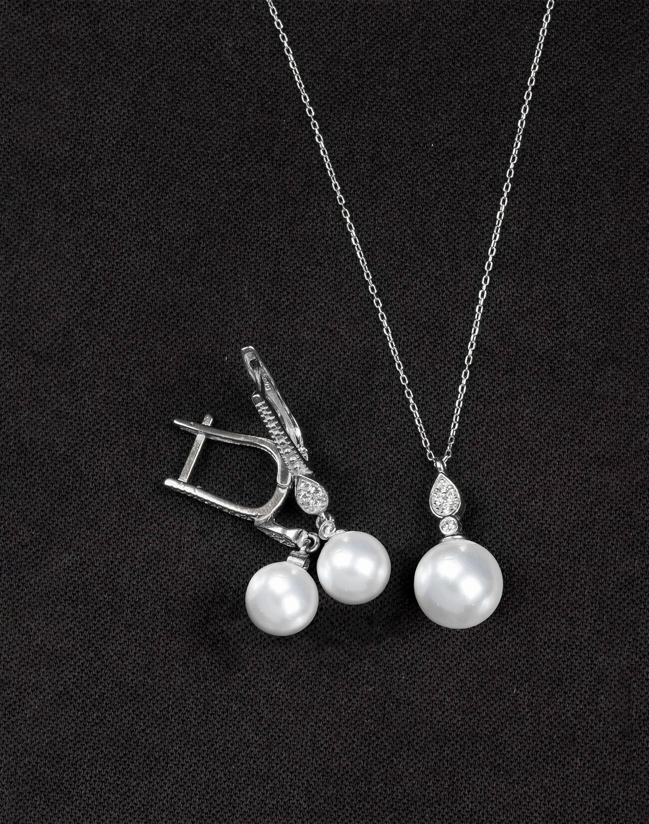925 Ayar Gümüş Zirkon Taşlı Damla Modeli Küre İnci Set