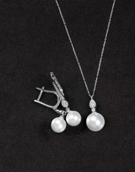 925 Ayar Gümüş Zirkon Taşlı Damla Modeli Küre İnci Set