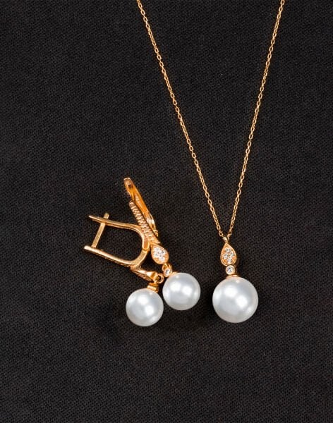 925 Ayar Gümüş Zirkon Taşlı Damla Modeli Küre İnci Set