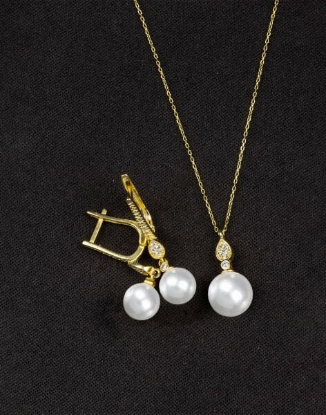 925 Ayar Gümüş Zirkon Taşlı Damla Modeli Küre İnci Set