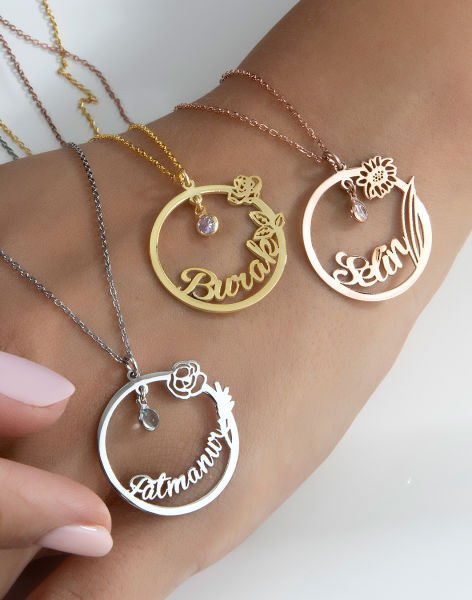 Doğum Çiçeği ve Doğum Taşlı İsimli Gümüş Kolye