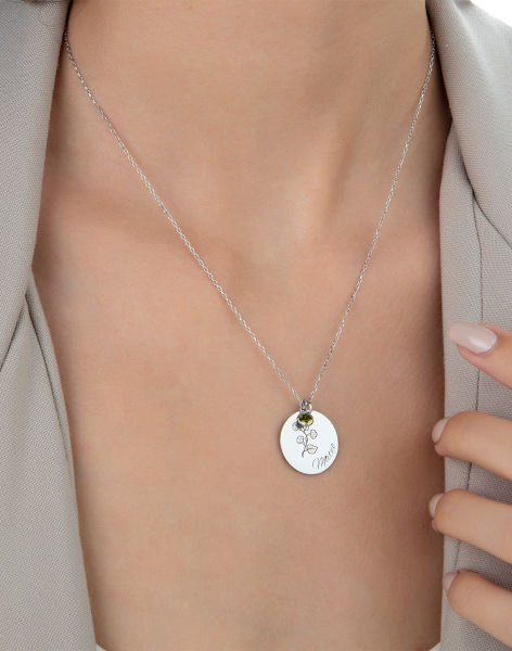 Doğum Çiçeği ve Doğum Taşlı İsimli Yuvarlak Plaka Kolye Rodyum Kaplama - 1 Taşlı