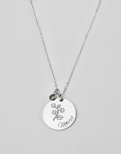 Doğum Çiçeği ve Doğum Taşlı İsimli Yuvarlak Plaka Kolye Rodyum Kaplama - 1 Taşlı