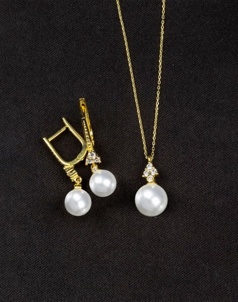 925 Ayar Gümüş Zirkon Taşlı Üçgen Küre İnci Set