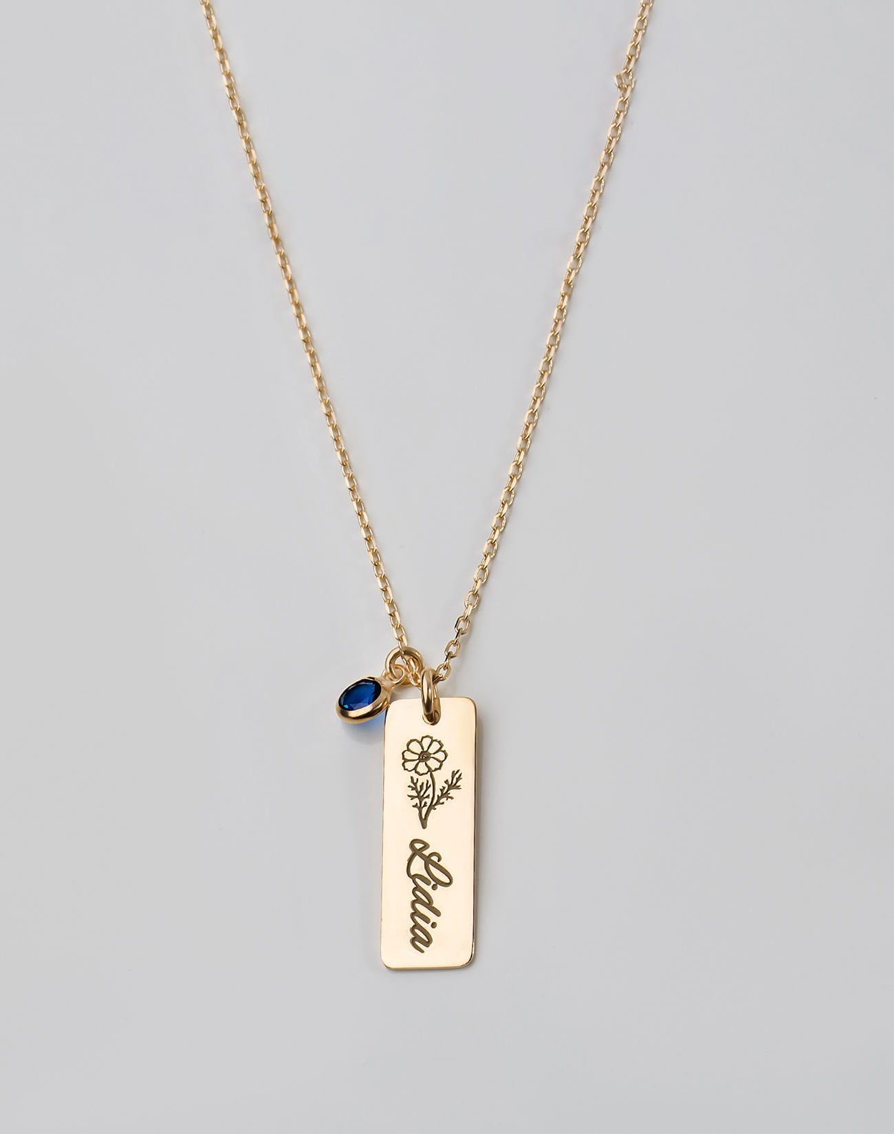 Doğum Çiçeği ve Doğum Taşlı İsimli Plaka Kolye 14 Ayar Altın Kaplama - 1 Taşlı