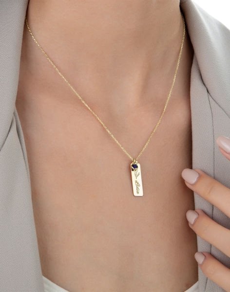 Doğum Çiçeği ve Doğum Taşlı İsimli Plaka Kolye 14 Ayar Altın Kaplama - 1 Taşlı