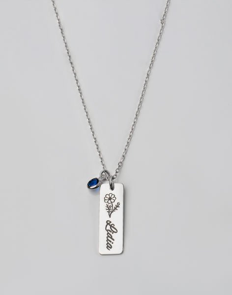 Doğum Çiçeği ve Doğum Taşlı İsimli Plaka Kolye Rodyum Kaplama - 3 Taşlı