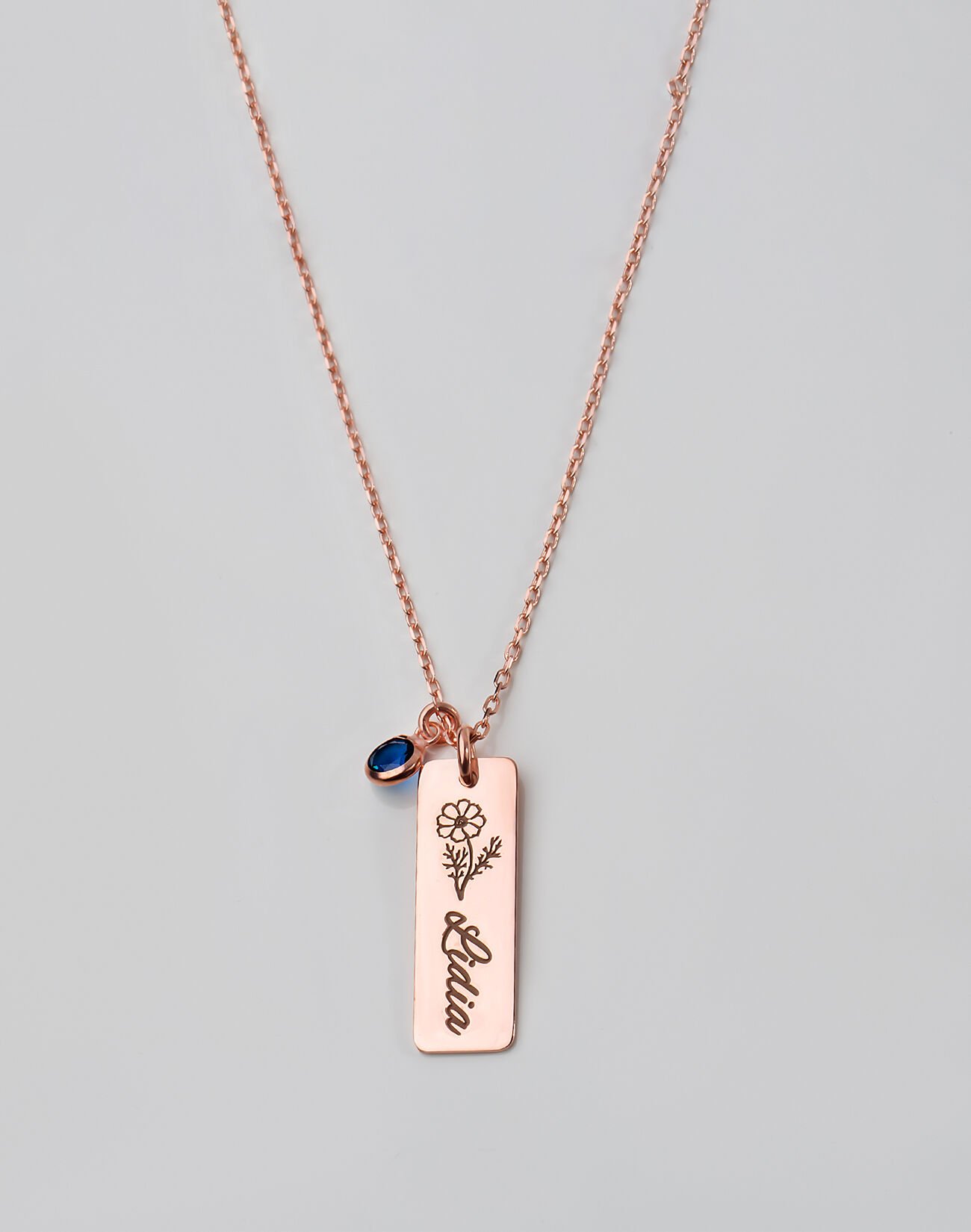 Doğum Çiçeği ve Doğum Taşlı İsimli Plaka Kolye Rose Kaplama - 3 Taşlı