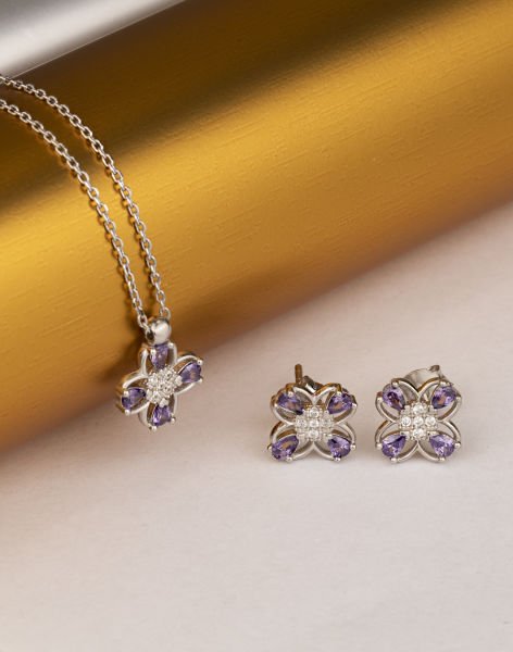 Dört Yapraklı Yonca Gümüş Takı Seti Rodyum Kaplama