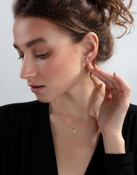 Dört Yapraklı Yonca Gümüş Takı Seti Rose Kaplama