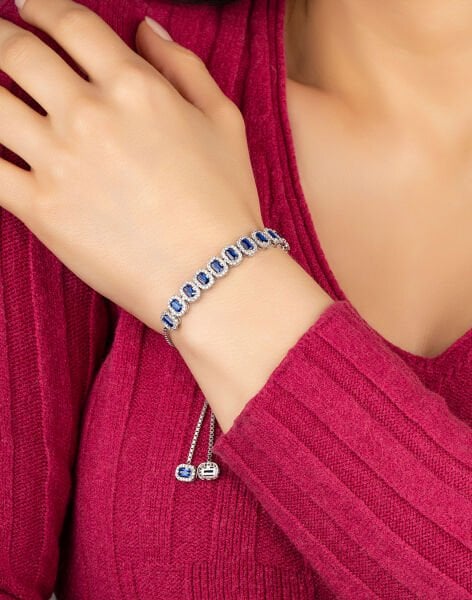 925 Ayar Safir Rengi Baget Taşlı Gümüş Asansörlü Bileklik