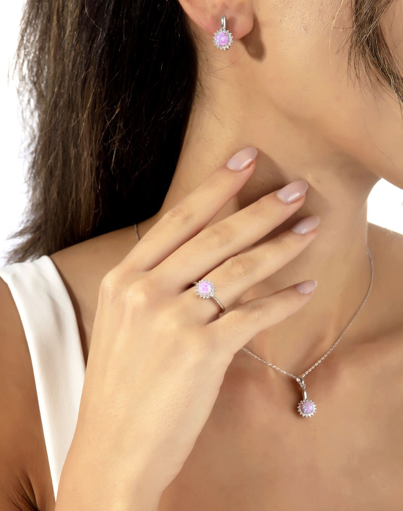 925 Ayar Pembe Opal Taşlı Güneş Gümüş Takı Seti