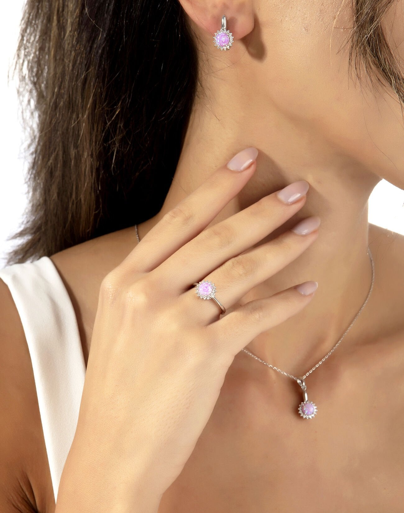 925 Ayar Pembe Opal Taşlı Güneş Gümüş Takı Seti