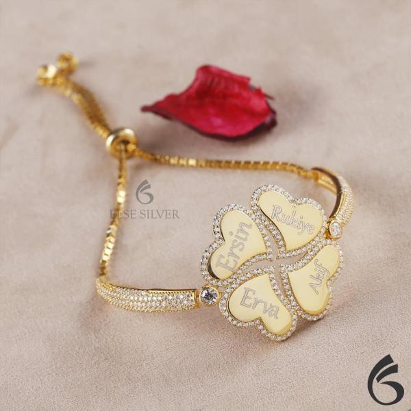 Kişiye Özel Asansörlü İsimli Gümüş Yonca Bileklik