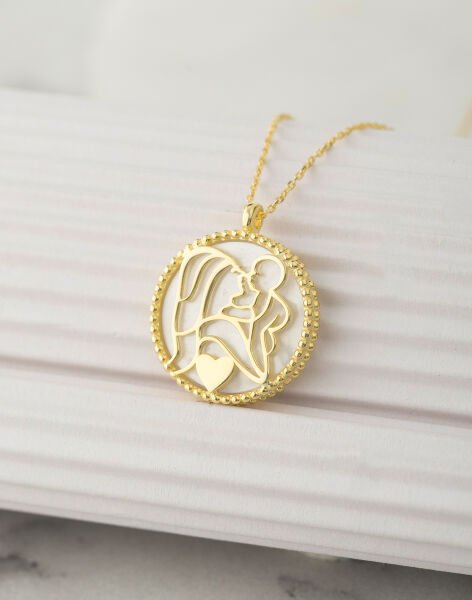 925 Ayar Gümüş Beyaz Sedef Taşlı Bir Kalpte İki Can Kolyesi