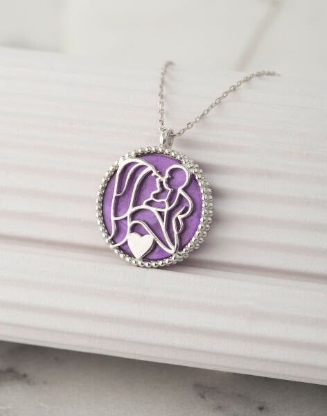 925 Ayar Gümüş Mor Sedef Taşlı Bir Kalpte İki Can Kolyesi